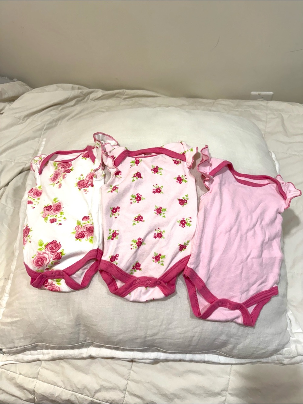 3-Pack Pink Floral Baby One-Piece Bodysuits with Ruffle Trim